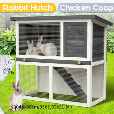 Outdoor Rabbit Hutch Wooden Chicken Coop, Spacious Mesh Wire Enclosed Cage, Pull Out Tray&Easy Clean For Bunnies, Chickens, Guinea Pigs, Rabbit